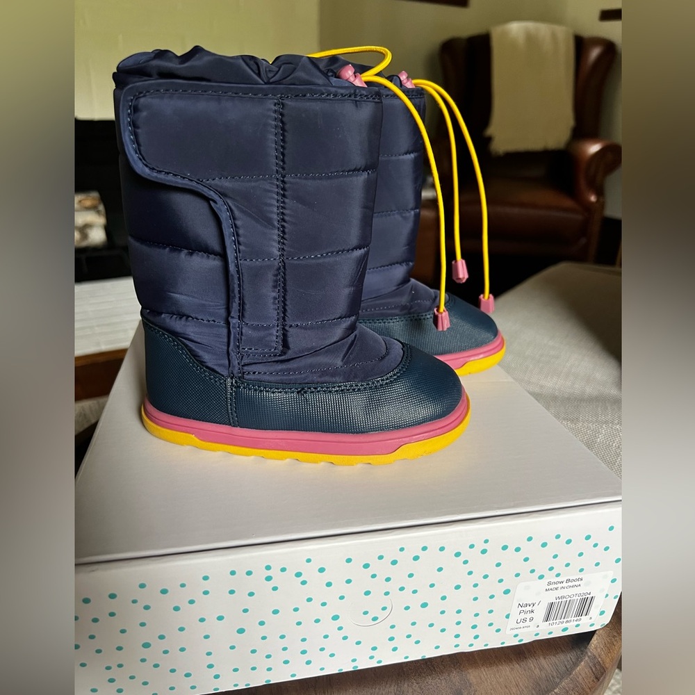 Ten Little Kid’s Navy and Pink Snow Boots with Yellow Accents Size 9